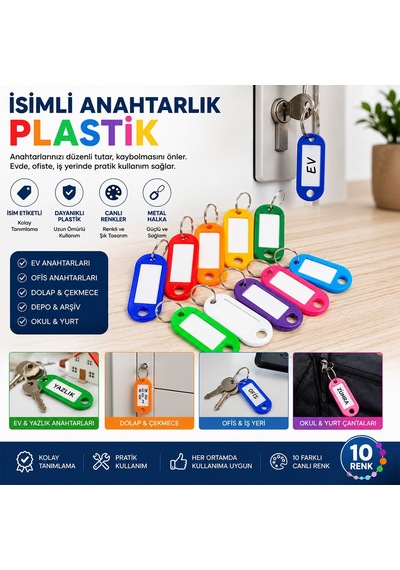 Krt İsimli Plastik Anahtarlık- 100'li Paket Çok Renkli