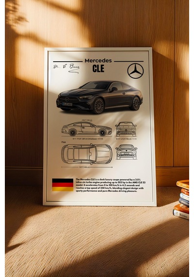 Mercedes Cle Tablo - Teknik Özellikli Lüks Coupe Poster - Çerçeveli Duvar Dekoru - Araba Blueprint Beyaz