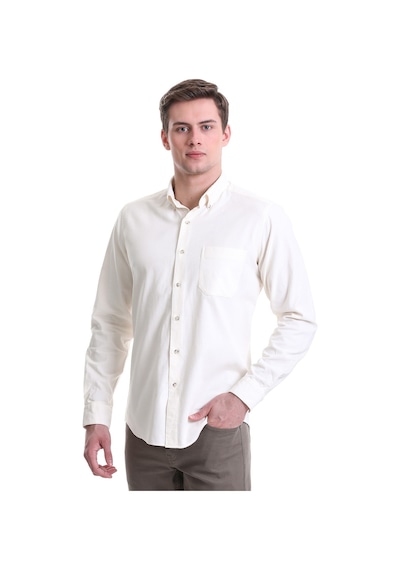 Hatemoğlu Bej Slim Fit Düz 100% Pamuklu Düğmeli Yaka Uzun Kollu Klasik Göm Bej