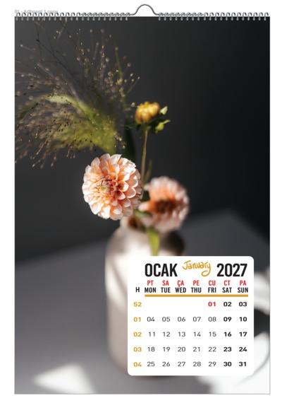 2027 Çiçek Duvar Takvimi 33x48 Cm 12 Sayfa Üstten Spiralli Diğer