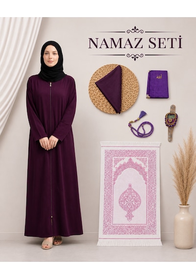 Bilenler Kadın Namaz Seti Fermuarlı Namaz Elbisesi Seccade Örtü Yasin Tesbih Zikirmatik Mor