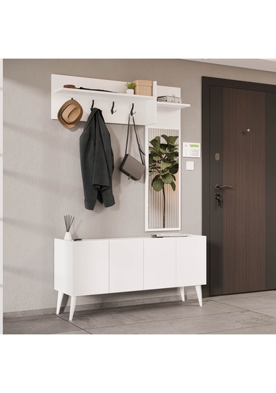 5065 Theo 4 Kapaklı 6 Raflı 4 Askılı Sağ Aynalı Portmanto Beyaz