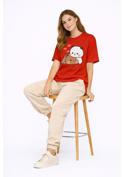 Sevimli Panda Baskılı Sevgili Kombini Çift Tişört Oversize Unisex Kırmızı