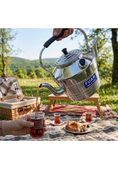 Fuar Alüminyum Kamp Çaydanlığı 3 Litre - Süzgeçli Demlik - 2 Si 1 Arada Çift Taraflı Çaydanlık Seti Alüminyum - Gri