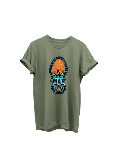 Balıkçılık Ve Macera Tema Baskılı %100 Pamuk Regular Fit Bisiklet Yaka Unisex T-shirt Haki