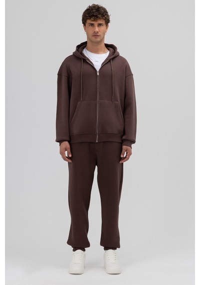 Vamos Basic Fermuarlı Oversize Kapüşonlu Sweatshirt Kahve
