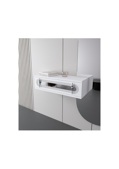 Işık 70cm Duvara Monte Kapaklı Raflı Modern Dresuar Beyaz-gümüş Beyaz-gümüş