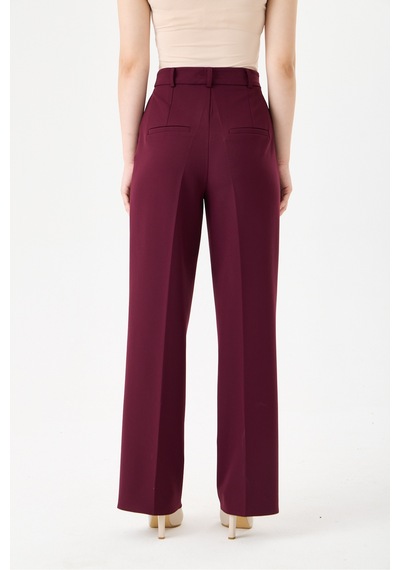 Velnara Moda Mürdüm Boru Paça Cepli Yüksek Bel Dokuma Kumaş Kadın Pantolon Bordo Mürdüm - 918013923 Bordo Mürdüm
