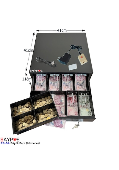 6 Banknot Gözlü Kolay Açma Buton Ve Adaptörlü, Anahtardan Açılır Para Çekmecesi 41x41x11cm