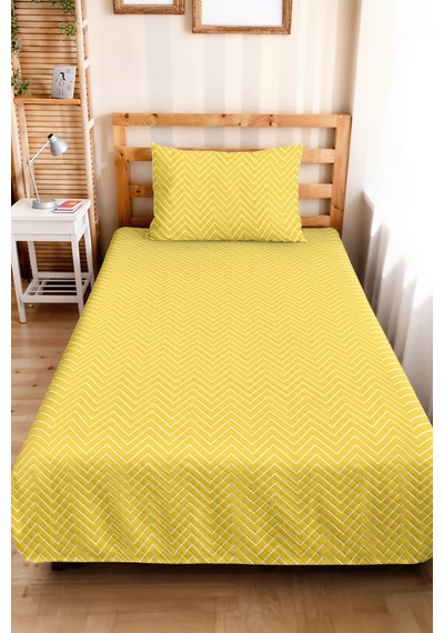 Sarı Geometrik Genç Odası Tek Kişilik Pike Takımı - Modern Zigzag 160x220 Cm Kapitone Yatak Örtüsü Günbatımı Göl Rüyası