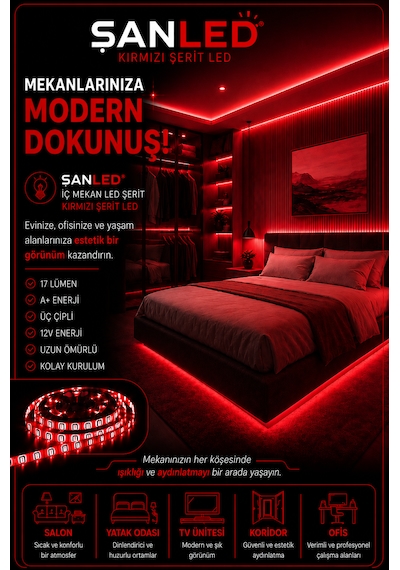 3 Çipli Şerit Led Kırmızı Renk 12v 5 Metre