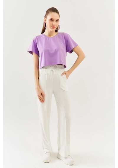 Kadın Rahat %100 Pamuklu Penye Bisiklet Yaka Kısa Kol Basic Crop T-shirt Lila