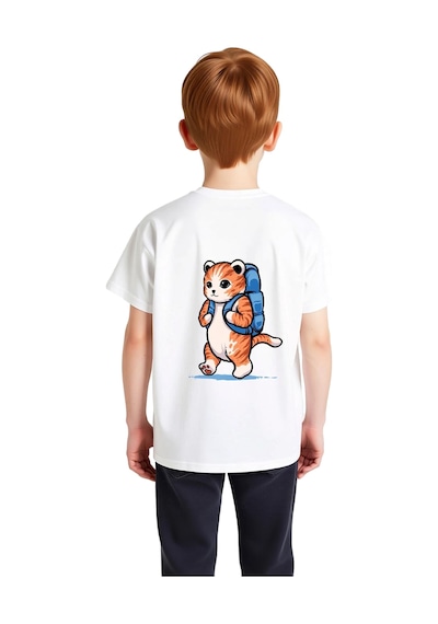 Paybuy Sırt Çantası Taşıyan Kedi Karikatürü Baskılı Çocuk Tişört beyaz