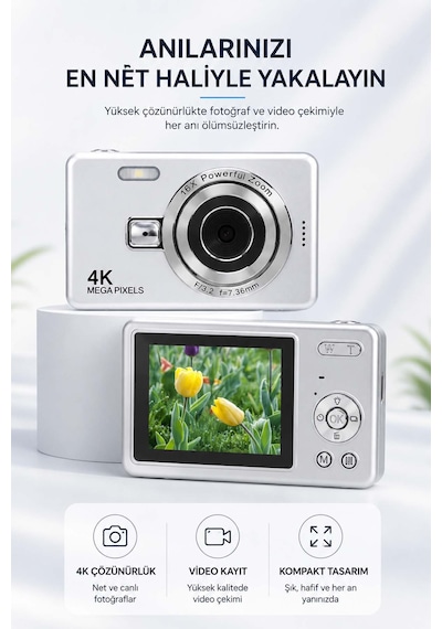 Taşınabilir Kompakt Kamera - 16x Dijital Zoom & Dahili Flaş Beyaz