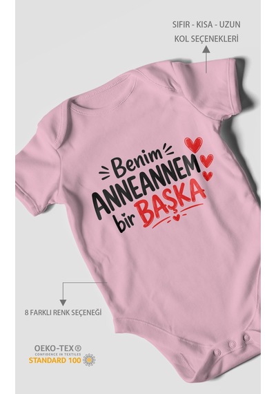 Morivokids Anneannem Bir Başka Kısa Kollu Bebek Body %100 Pamuk Koyu Pembe
