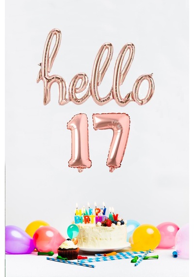 17 Yaş Doğum Günü Balonları - Hello 17 El Yazısı Rose Gold Renk Folyo Balon Pembe