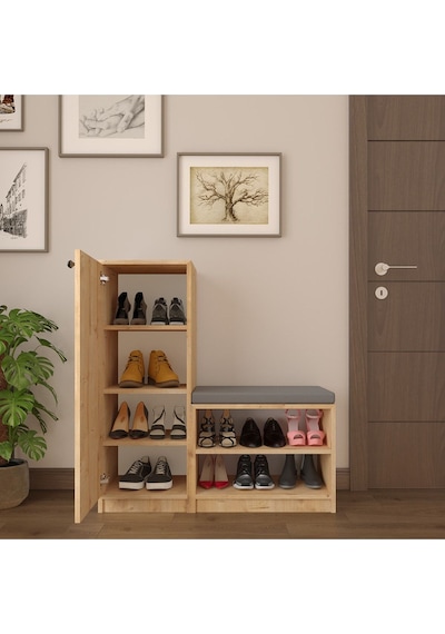 Asra Trend Puflu Ayakkabılık A-12 %100 MDF Minderli Portmanto Seti Safir Meşe