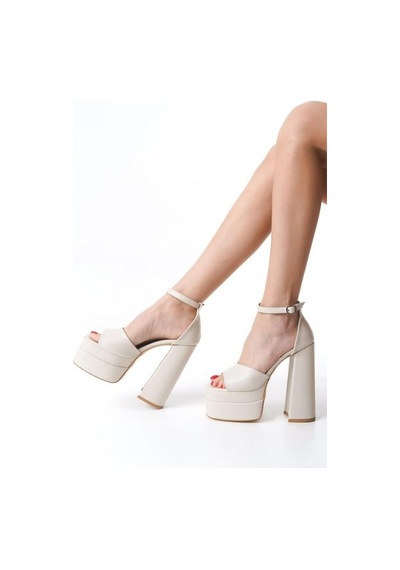 Asmi Shoes Kadın Wilma Bej Tek Bantlı 15 Cm Çift Platform Topuklu Ayakkabı Bej