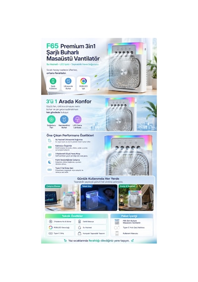 3in1 Masaüstü Fan 3 Kademeli Ferah Nemlendirici Buharlı Rgb Aydınlatmalı Vantilatör
