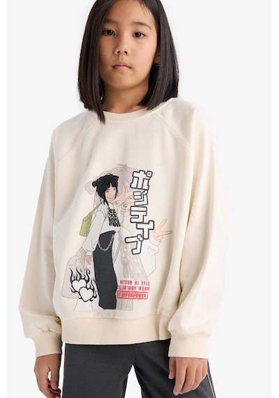 DeFacto Kız Çocuk Relax Fit Bisiklet Yaka Anime Baskılı Sweatshirt D8817A825SPER99 Ekru