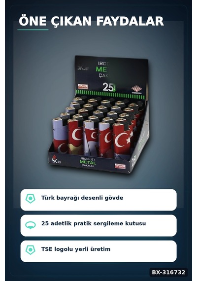 Jet Alevli Rüzgar Çakmağı Türk Bayrağı Desenli Manyetolu Gaz Dolumlu 1 Adet Bx-316732 Diğer