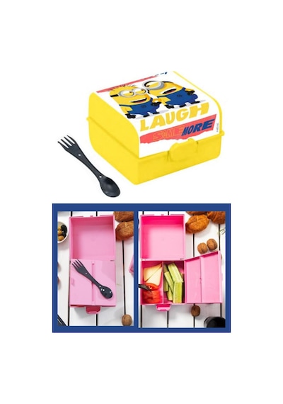 Flosoft Lisanslı Minions Düğmeli Matara Ve Beslenme Kutusu, 3 Bölmeli Okul Kabı Ve Suluğu 2 Li Set