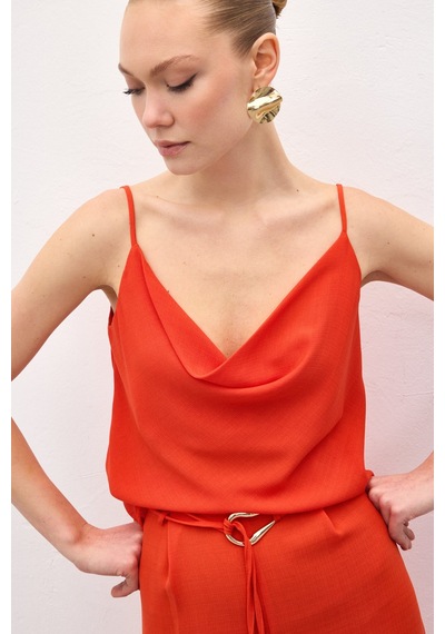Sateen Degaje Yaka Dökümlü Bluz - Oranj-136692 Oranj