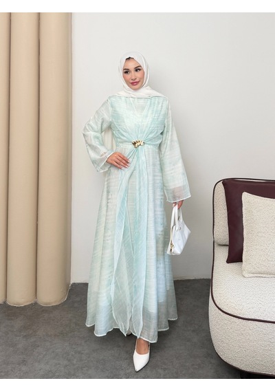 Mihran Butik Silk Model Kemerli Bilek Büzgü Desen Detaylı Kadın Elbise Mint