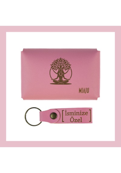 Miaju Pembe Renk, Hayat Ağacı Sevenler İçin, İsme Özel Cüzdan Ve Anahtarlık Set, Efsane Hatıra Set Pembe