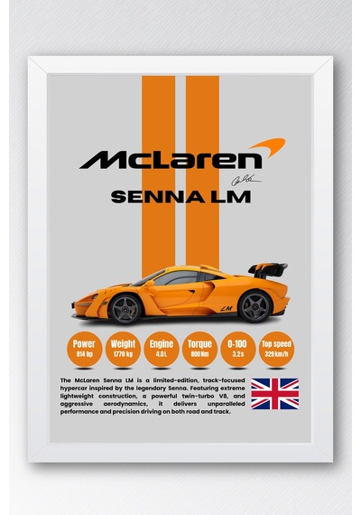 Mclaren Senna Lm Tablo - Teknik Özellikli Hiper Araba Poster - Çerçeveli Duvar Dekoru Beyaz