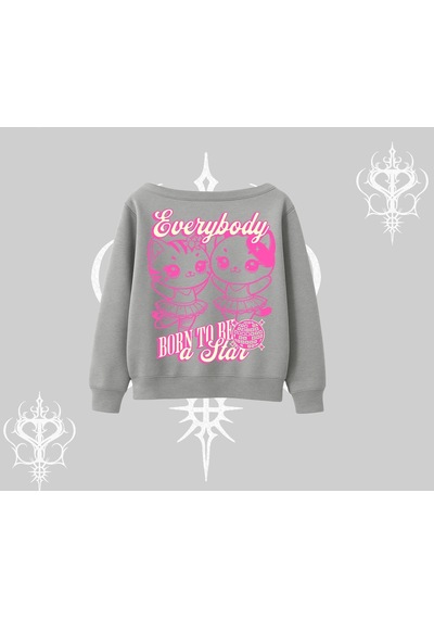 Startmore Born To Be A Star Yazılı Sevimli Kedi Arka Baskılı Kayık Yaka Sweatshirt Gri