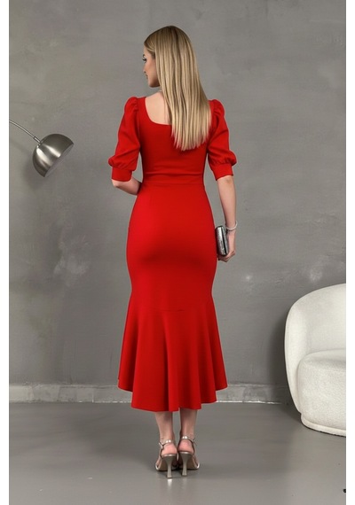 Defymoda Kadın Balık Model Cazibeli Elbise Kırmızı
