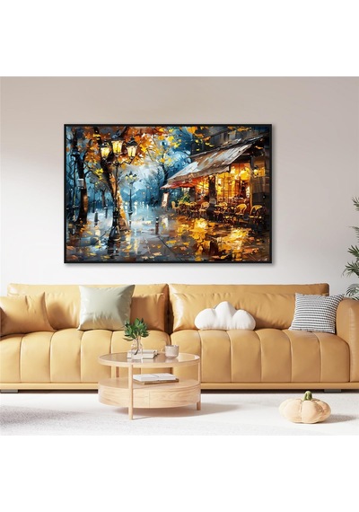 Yağlı Boya Dokulu Tablo Modern Paris Sokak Kafe Siyah Çerçeveli U09016-179127