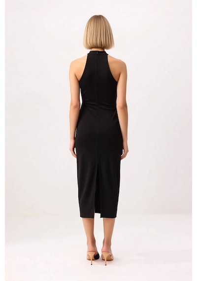 Benerly Kadın Bodycon Halter Yaka Kolsuz Midi Esnek Örme Elbise Aksesuar Siyah