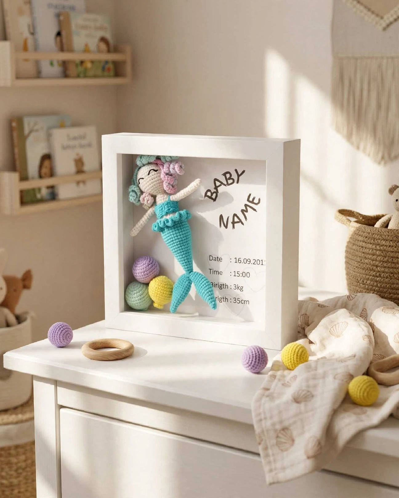 Kişiye Özel 3d Amigurumi Bebek Hatıra Çerçevesi : Deniz Kızı Beyaz Ahşap