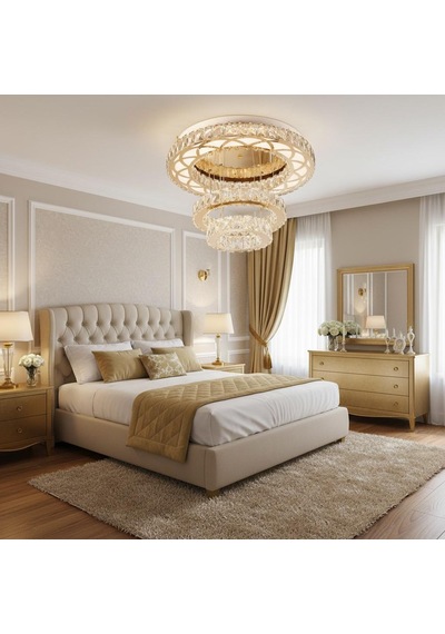 Plafonyer Lazer Kesim Kristal Taşlı Gold Ledli Avize