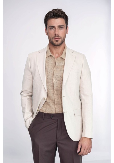 Bej Balıksırtı Desenli Gold Renk Metal Düğmeli Slim Fit Erkek Blazer Ceket - Wessi Cream