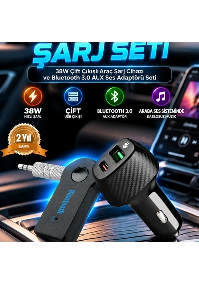38w Çift Çıkışlı Araç Şarj Cihazı Ve Bluetooth 3.0 Aux Ses Adaptörü Seti