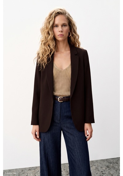 Sateen Klasik Yaka Uzun Ceket - Kahve-137477 Kahverengi