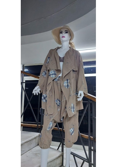 Boho Şalvar Pantolon Asimetrik Ceket Takım Vizon