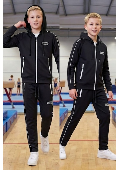 Pina Kids Erkek Çocuk Unlimited Şeritli Kapüşonlu Düz Paça Reglan Kol Dalgıç Kumaş Eşofman Takımı Esf7014 siyah Pina Kids Erkek Çocuk Unlimited Şeritli Kapüşonlu Düz Paça Reglan Kol Dalgıç Kumaş Eşofman Takımı Esf7014 siyah