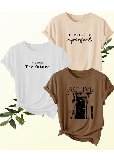 Uyguntarz Unisex Bej Beyaz Kahverengi 3'lü Tasarım Tshirt Seti Çok Renkli