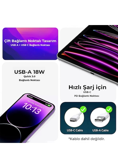 Bix ZH-2U41T Çift Portlu USB Type-C 25W PD Hızlı Şarj Adaptörü