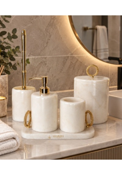 %100 Doğal Mermer Dikdörtgen Tepsili Şık Banyo Seti Beyaz