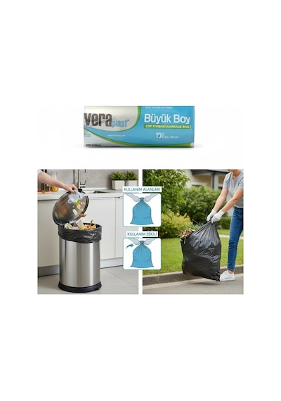 Vera Plast 65 80 Büyük Boy Çöp Poşeti Siyah 10'lu Koli İçi 50 Rulo