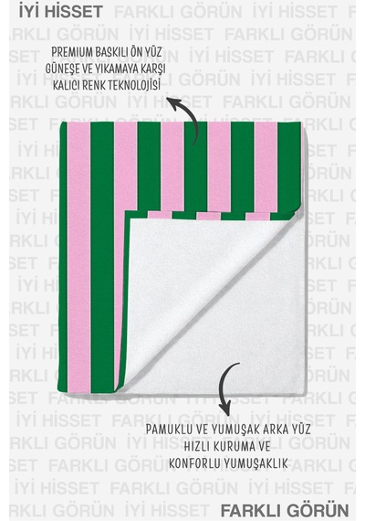 Çizgili Pembe Yeşil Modern Plaj Havlusu - Minimalist Akdeniz Stil Hızlı Kuruyan Mikrofiber Havlu İnci Çayı