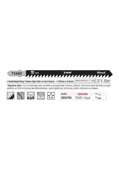 Sgs2704 - T344d Dekupaj Ağzı Ahşap Kesme Ucu 132mm X 9.5mm 5 Adet