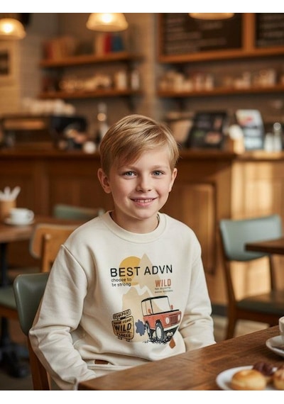 Zekids Erkek Çocuk Pamuklu Best Advn Yazılı İnce Uzun Kollu T-shirt-16342 KREM