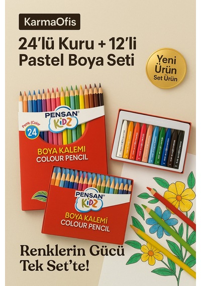 24 Lü Kuru Boya + 12 Li Pastel Boya Seti Canlı Renkler, Yumuşak Uçlu