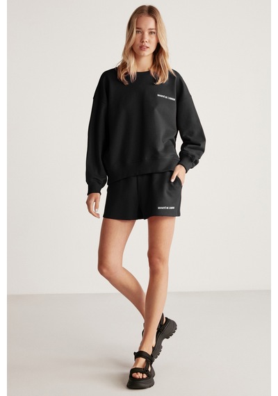 Grımelange Jennıfer  Kadın Yumuşacık Nakış Detaylı Organik Pamuk Oversize Siyah Sweatshirt